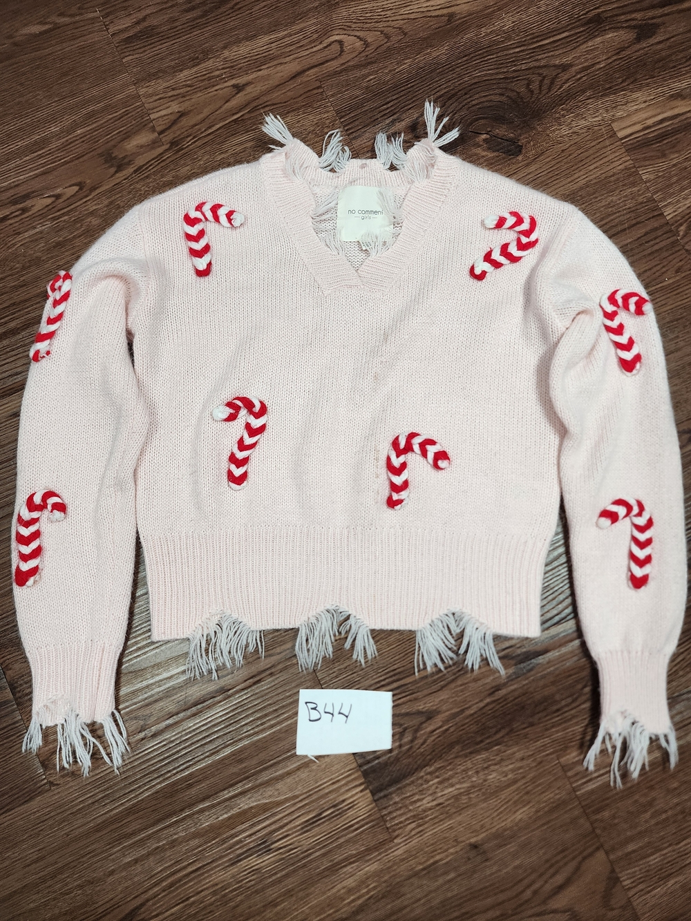 Pink Candy Cane Fringe V-Neck Sweater